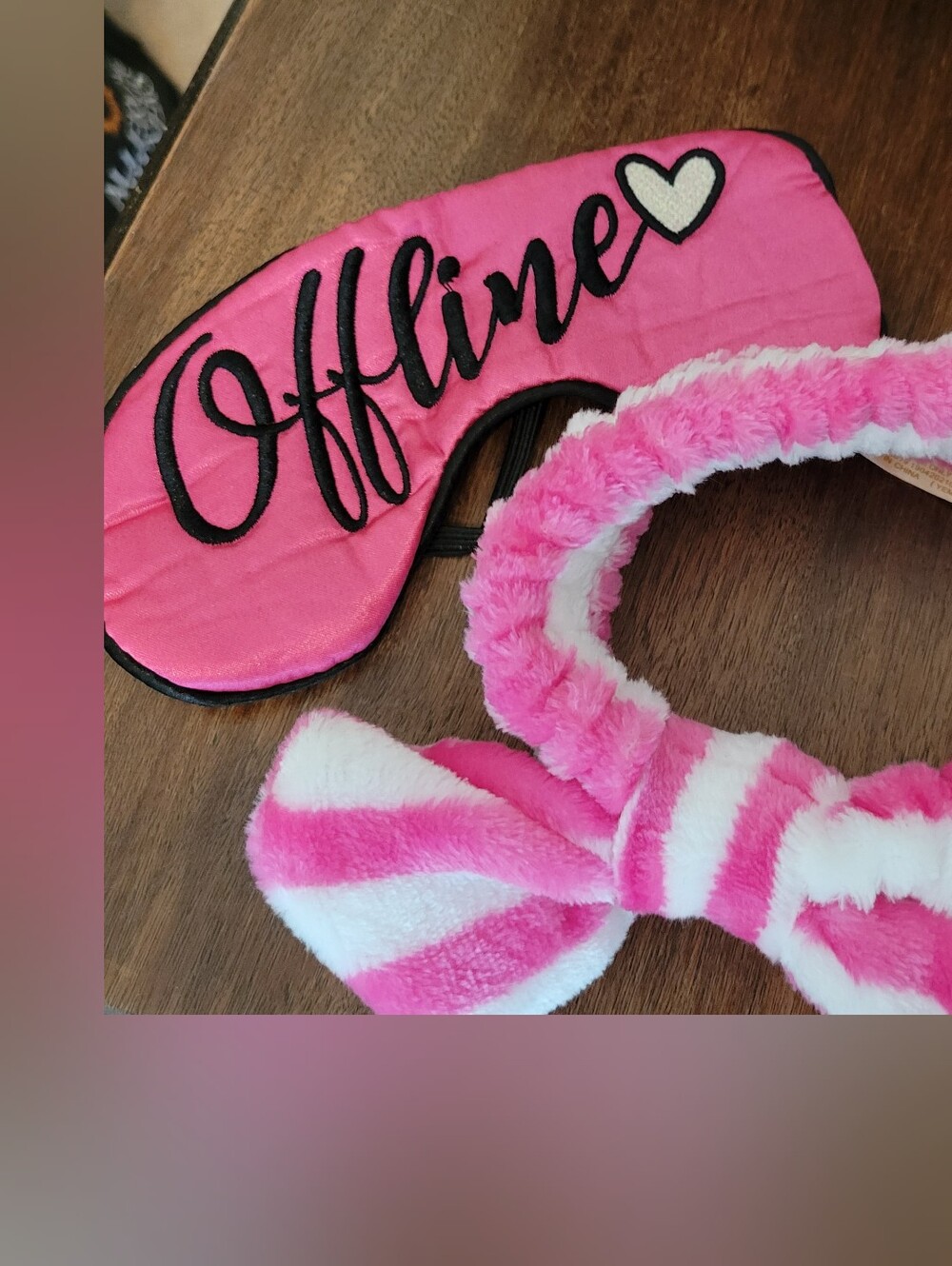 Pink Sleep Mask with Matching Striped Headband